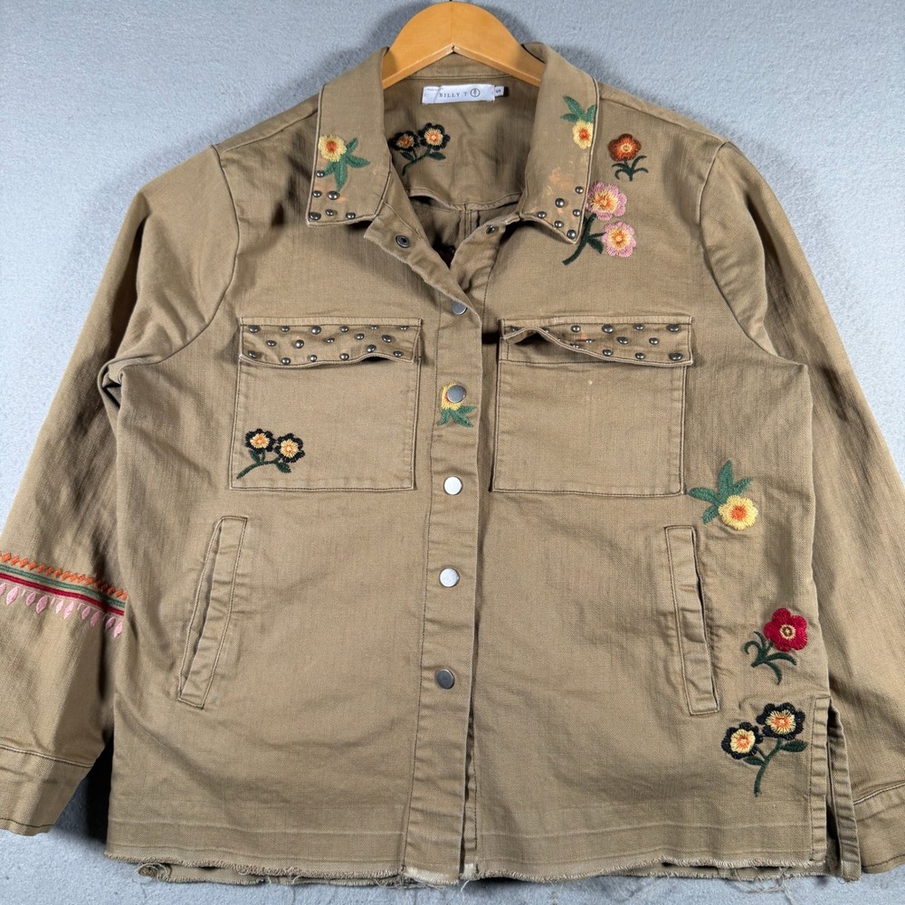 Billy T Tan Floral Embroidered Studded Utility Jacket Raw Hem Size Small
